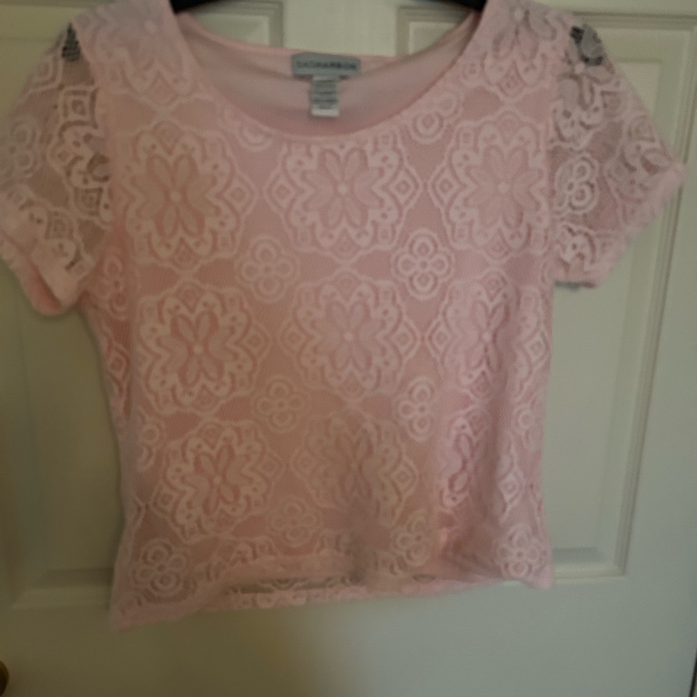 Pink Flutter Sleeve Lace Crop Top